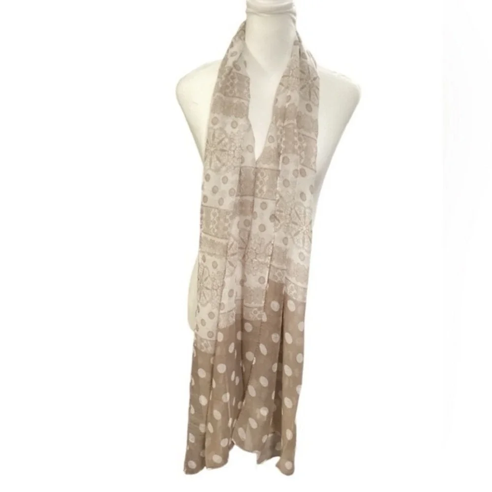 Polka Dot and Lace Mandala Print Lightweight Scarf Taupe Cream NEW approx 19X73
